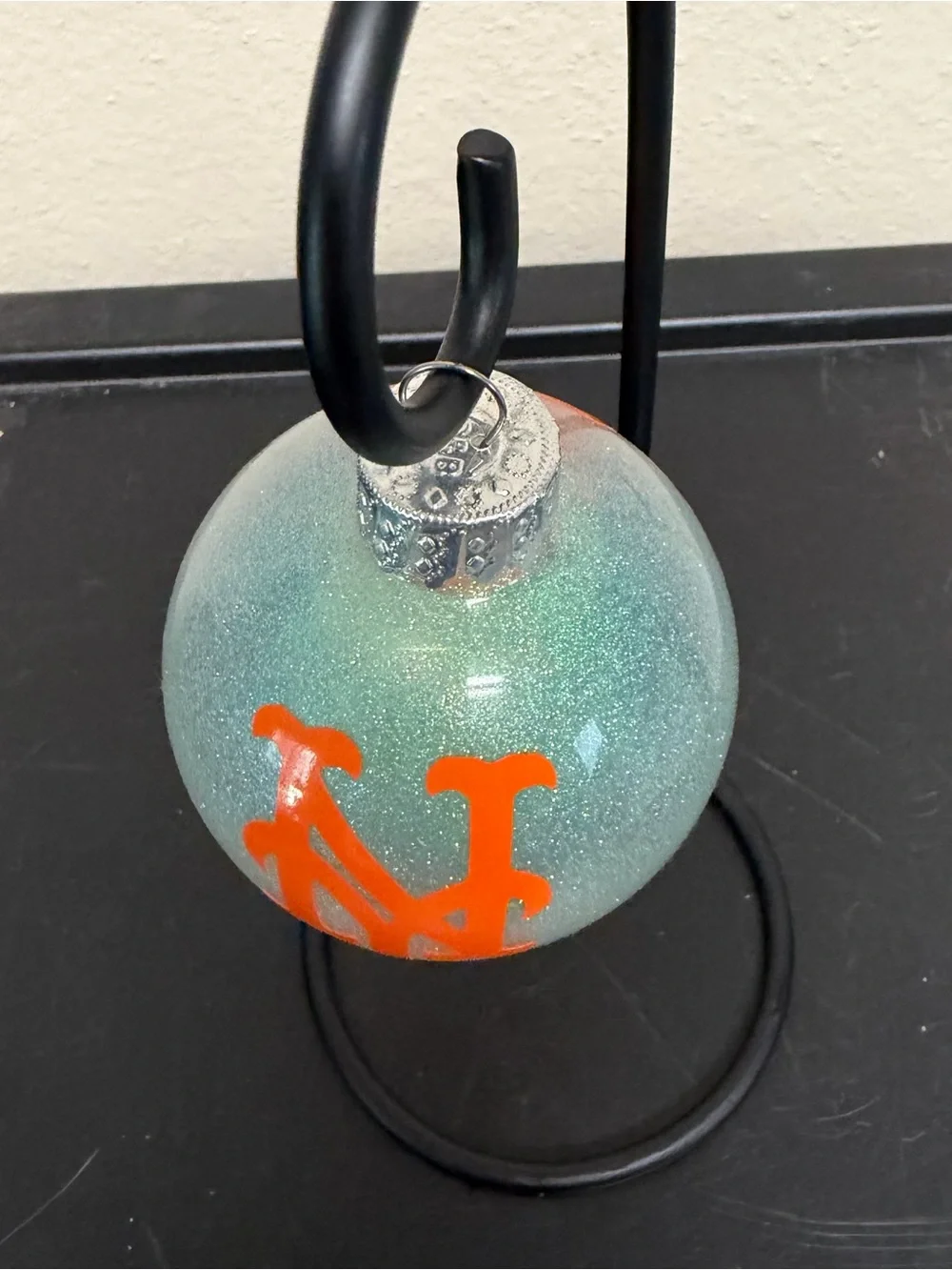 Glitter Glass Holiday Ornament with New York Mets Orange Logo